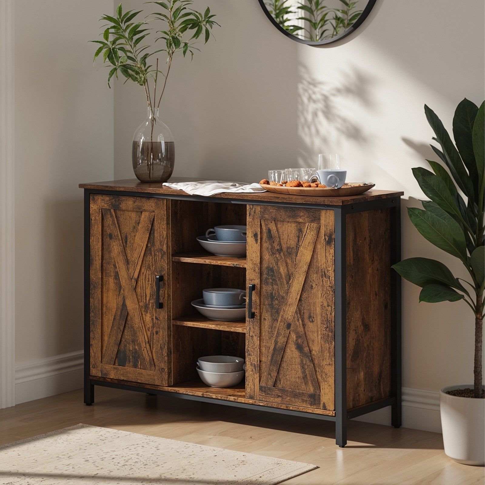Sideboard – Wood – Rustic Brown and Black – Barn Doors, Multi-Functional Storage for Dining Room and Living Room