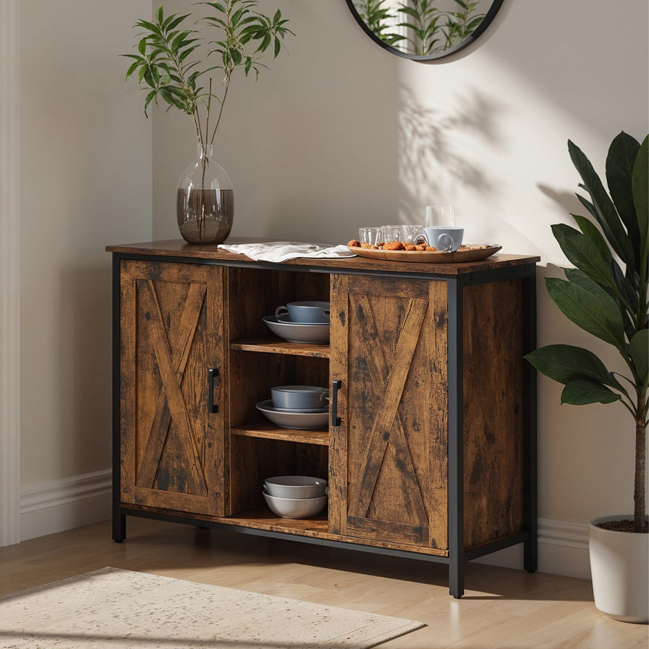 Sideboard – Wood – Rustic Brown and Black – Barn Doors, Multi-Functional Storage for Dining Room and Living Room