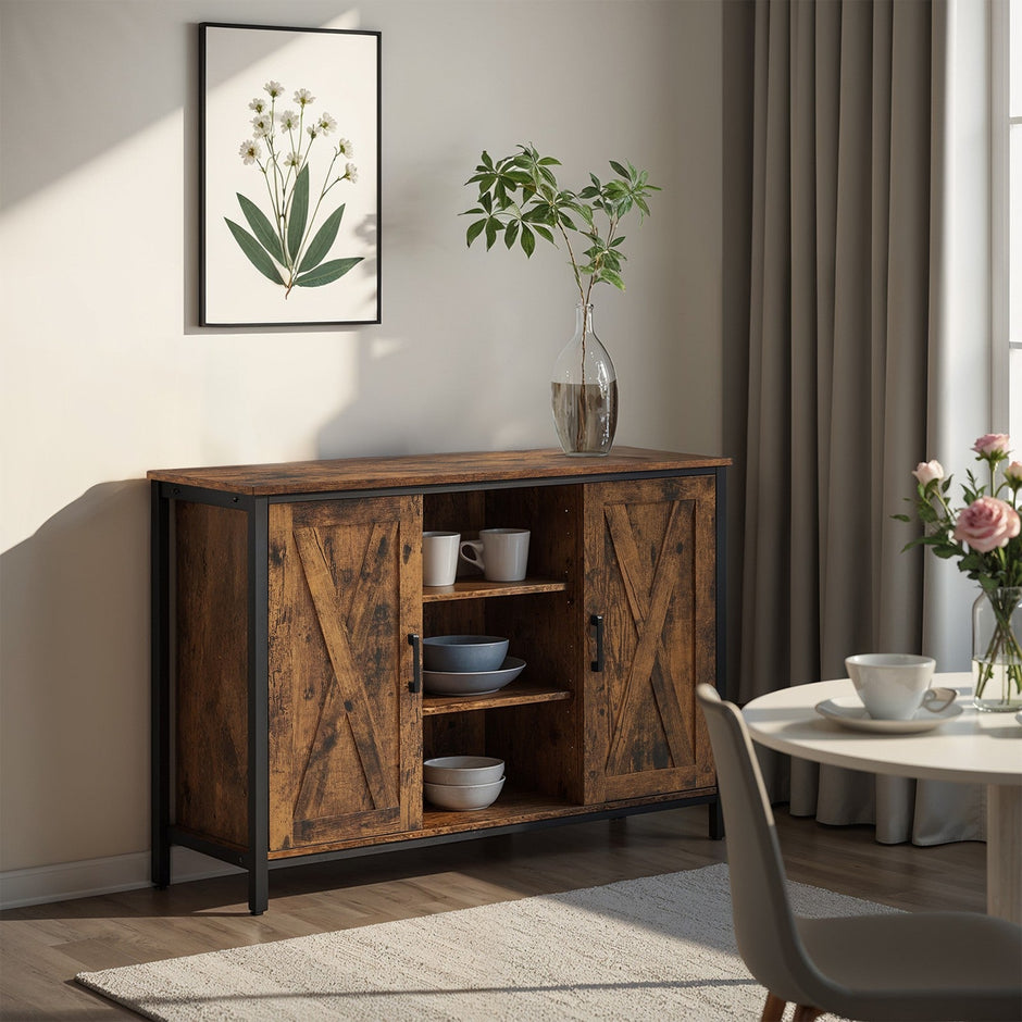 Sideboard – Wood – Rustic Brown and Black – Barn Doors, Multi-Functional Storage for Dining Room and Living Room