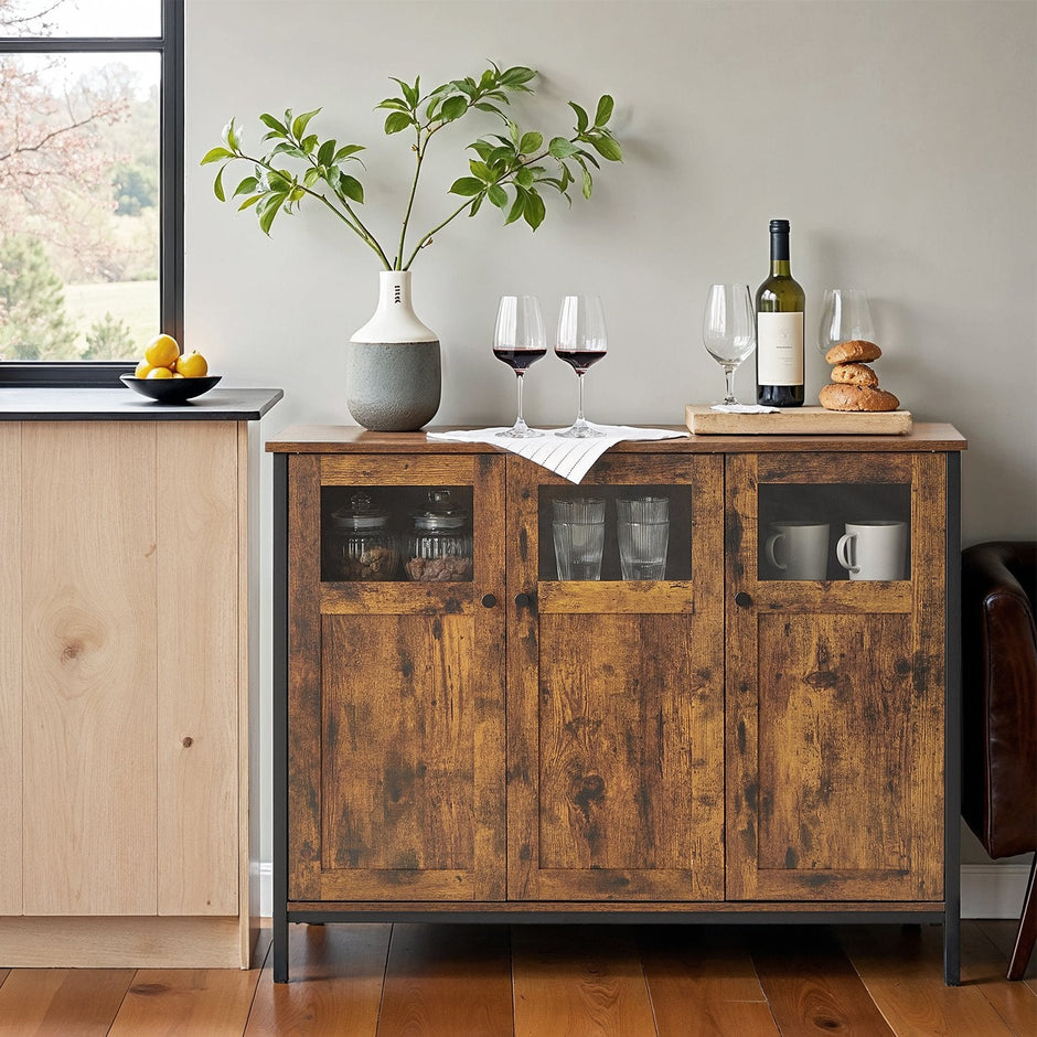 Sideboard – Steel – Rustic Brown and Black – Industrial Style with Glass Doors