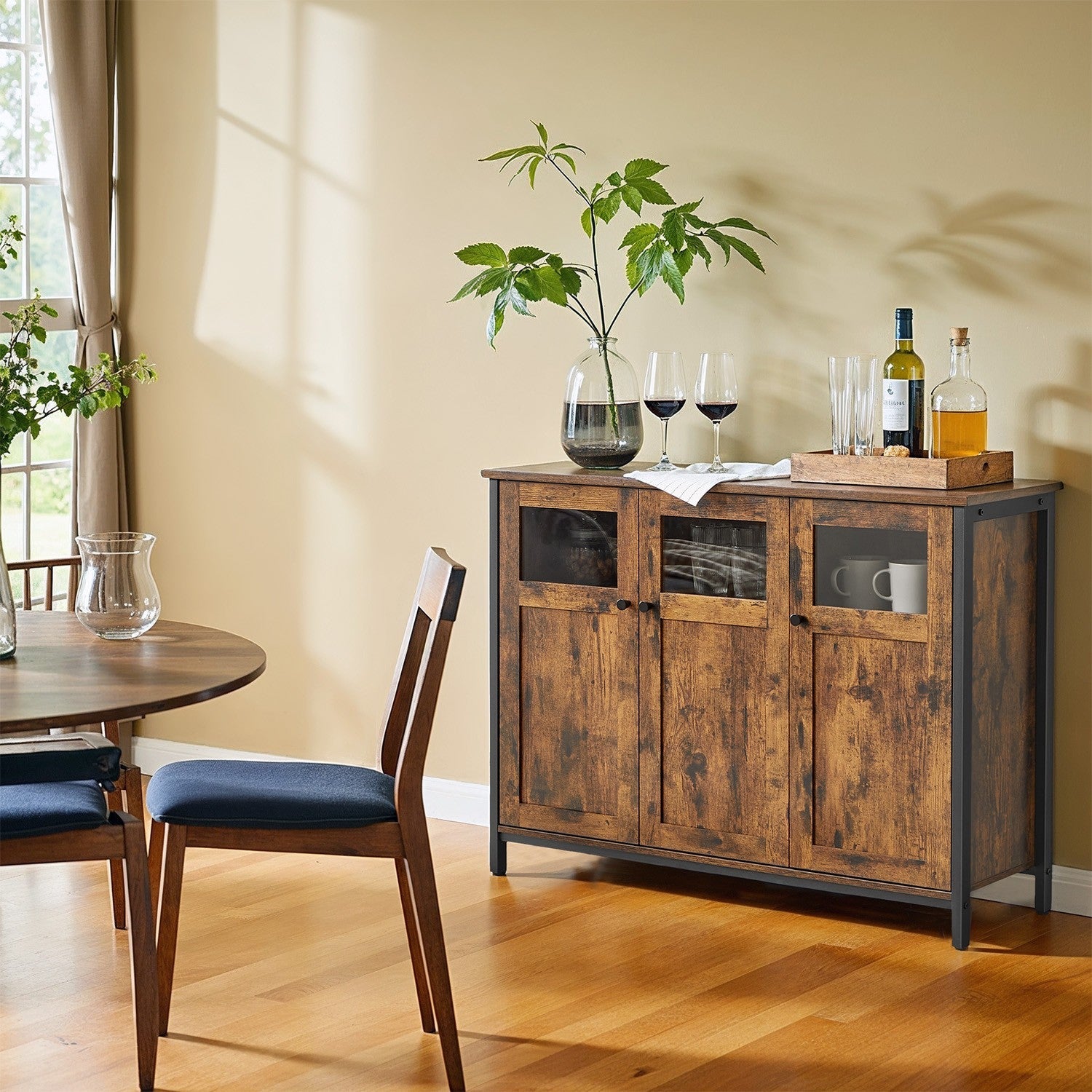 Sideboard – Steel – Rustic Brown and Black – Industrial Style with Glass Doors