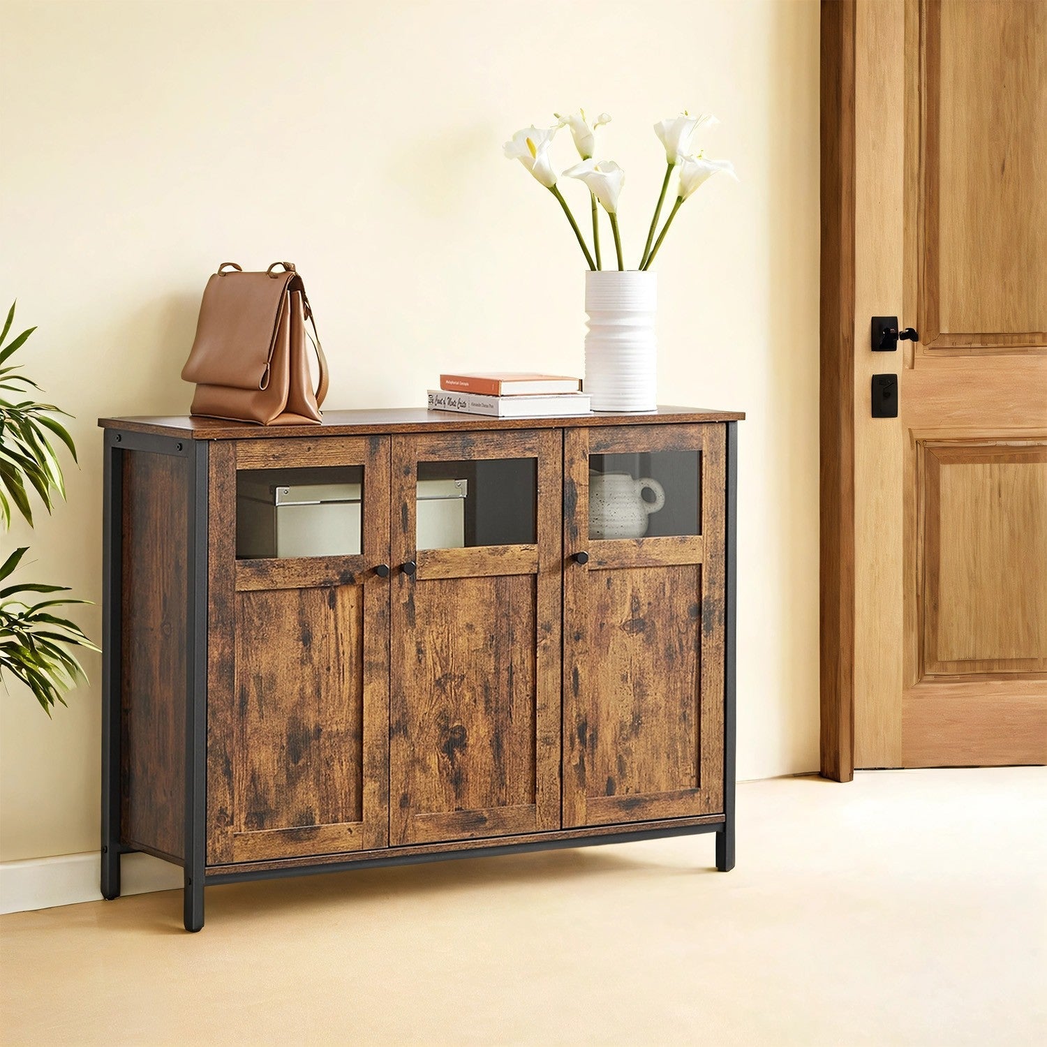Sideboard – Steel – Rustic Brown and Black – Industrial Style with Glass Doors