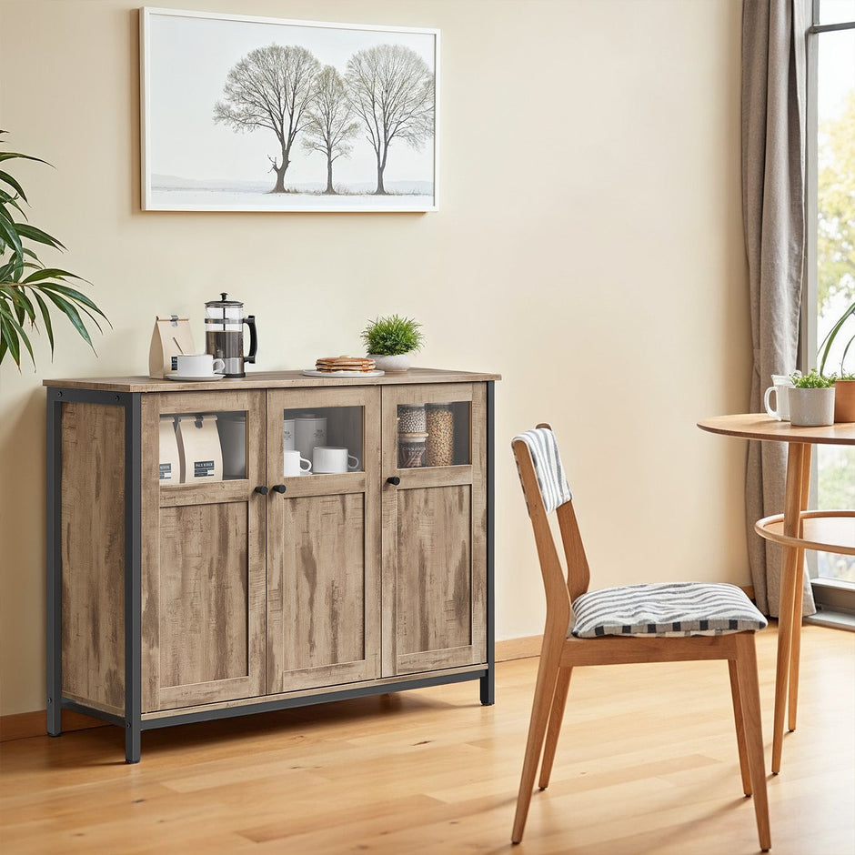 Sideboard – Steel – Rustic Brown and Black – Industrial Style with Glass Doors