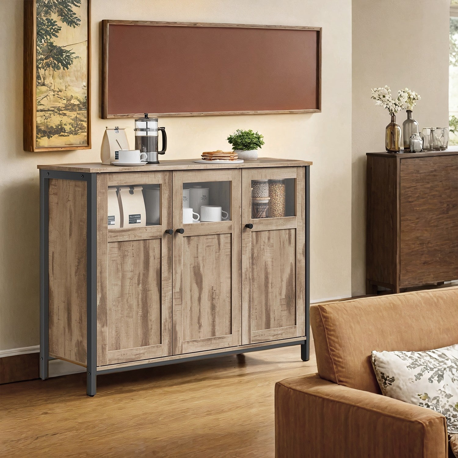 Sideboard – Steel – Rustic Brown and Black – Industrial Style with Glass Doors