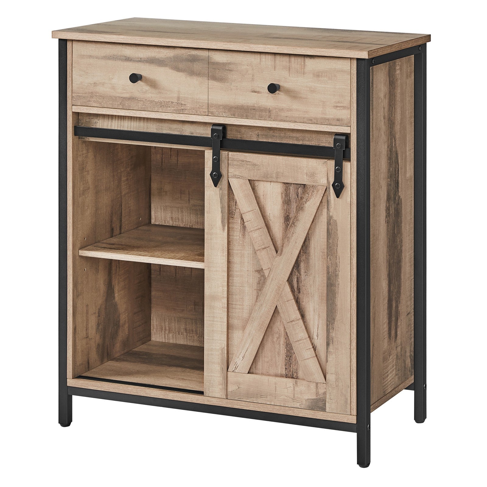 Freestanding Storage Cabinet – Engineered Wood – Rustic Brown and Black – Sliding Barn Door and Drawer