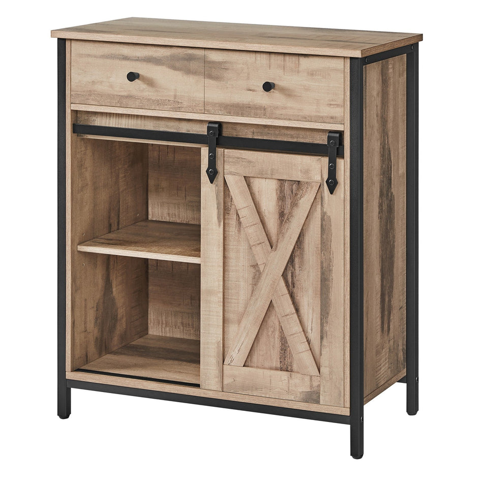 Freestanding Storage Cabinet – Engineered Wood – Rustic Brown and Black – Sliding Barn Door and Drawer