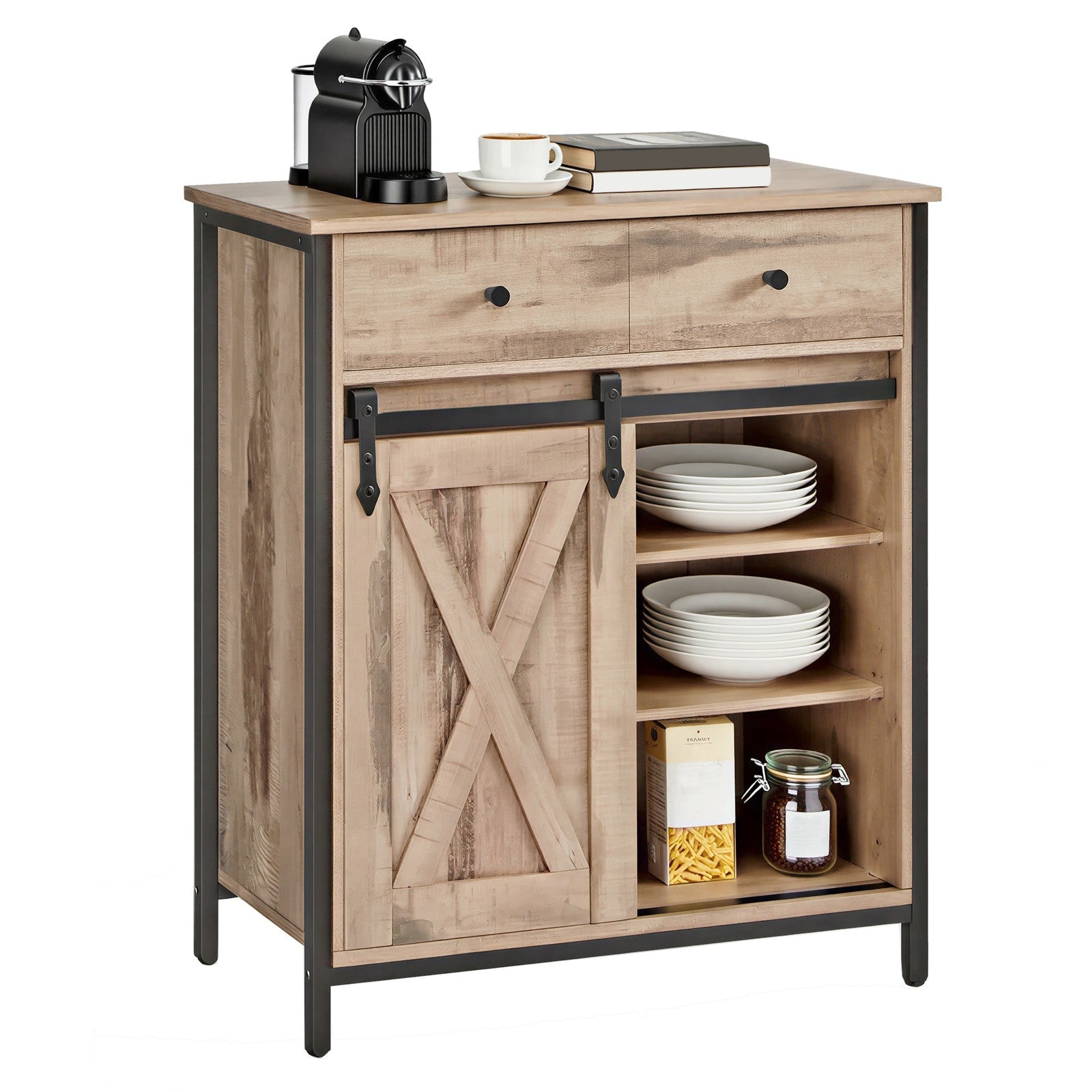 Freestanding Storage Cabinet – Engineered Wood – Rustic Brown and Black – Sliding Barn Door and Drawer