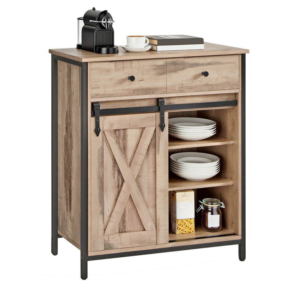 Freestanding Storage Cabinet – Engineered Wood – Rustic Brown and Black – Sliding Barn Door and Drawer