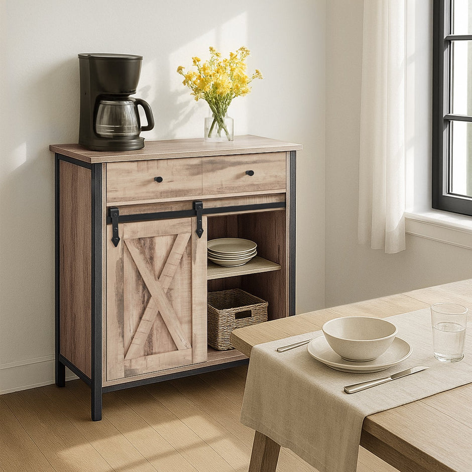 Freestanding Storage Cabinet – Engineered Wood – Rustic Brown and Black – Sliding Barn Door and Drawer
