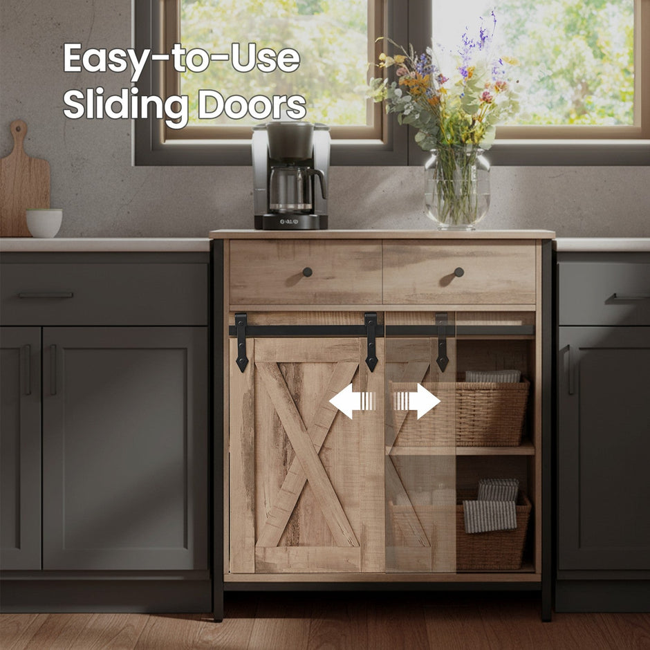 Freestanding Storage Cabinet – Engineered Wood – Rustic Brown and Black – Sliding Barn Door and Drawer