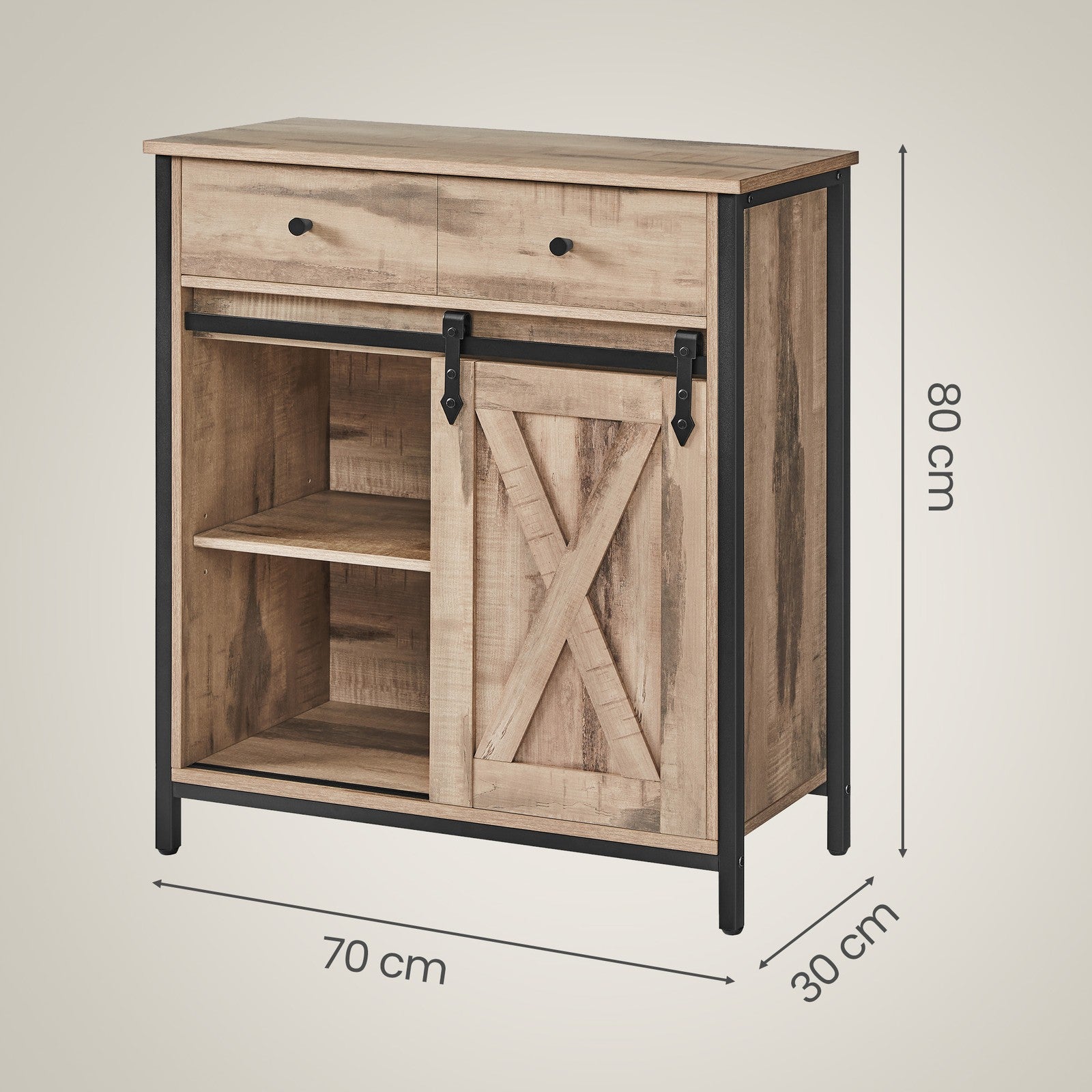 Freestanding Storage Cabinet – Engineered Wood – Rustic Brown and Black – Sliding Barn Door and Drawer