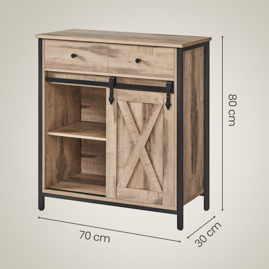 Freestanding Storage Cabinet – Engineered Wood – Rustic Brown and Black – Sliding Barn Door and Drawer