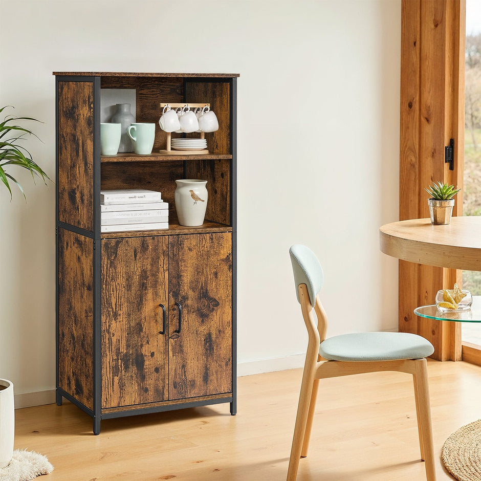 Freestanding Storage Cabinet – Wood – Rustic Brown and Black – Multifunctional with Adjustable Shelf