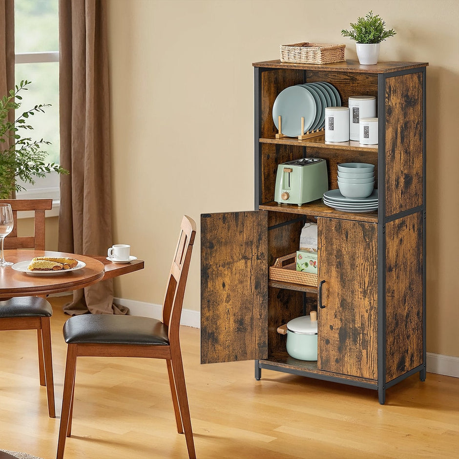 Freestanding Storage Cabinet – Wood – Rustic Brown and Black – Multifunctional with Adjustable Shelf