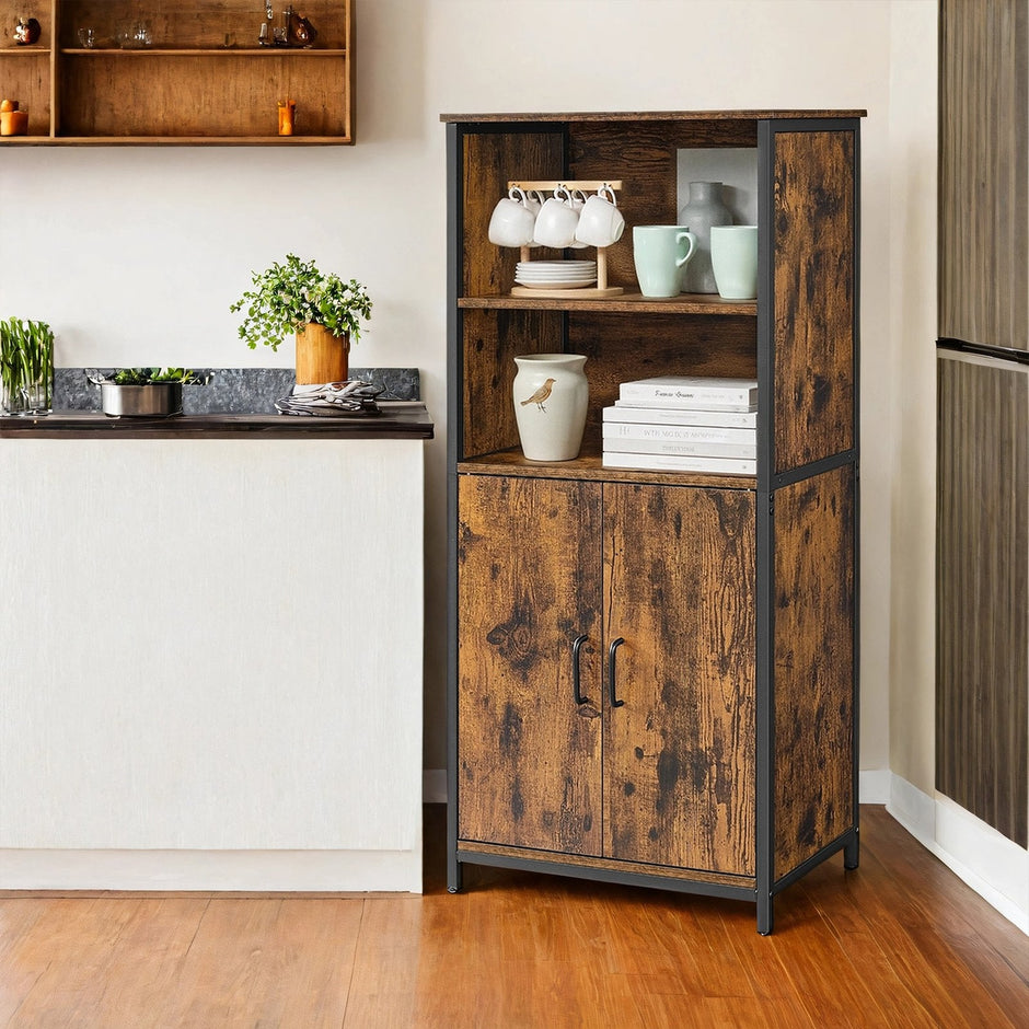 Freestanding Storage Cabinet – Wood – Rustic Brown and Black – Multifunctional with Adjustable Shelf