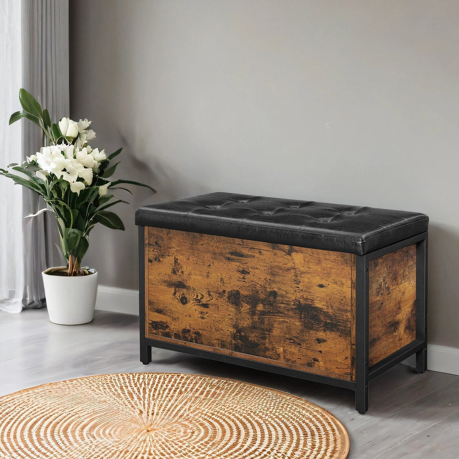 Storage Bench – Metal and Synthetic Leather – Black and Rustic Brown – Padded Seat with Storage Compartment