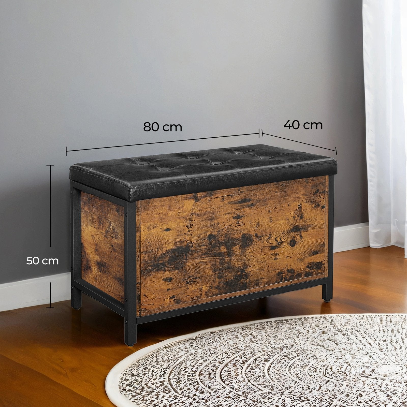 Storage Bench – Metal and Synthetic Leather – Black and Rustic Brown – Padded Seat with Storage Compartment