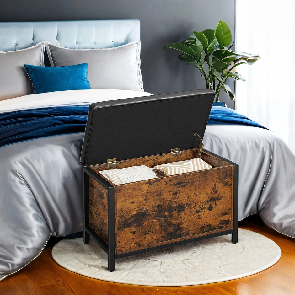 Storage Bench – Metal and Synthetic Leather – Black and Rustic Brown – Padded Seat with Storage Compartment
