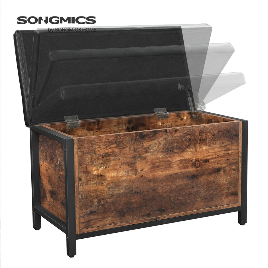 Storage Bench – Metal and Synthetic Leather – Black and Rustic Brown – Padded Seat with Storage Compartment