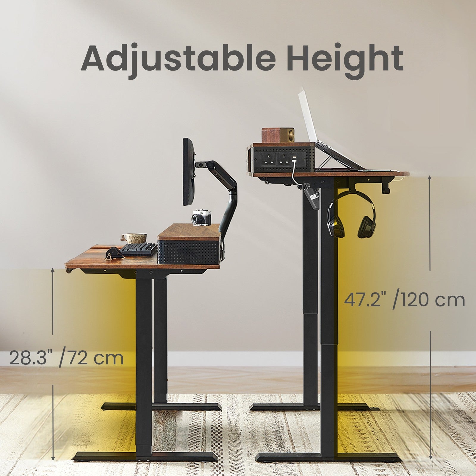 Electric Standing Desk – Engineered Wood – Black – Adjustable Height with Built-In Power Outlet and Memory Function