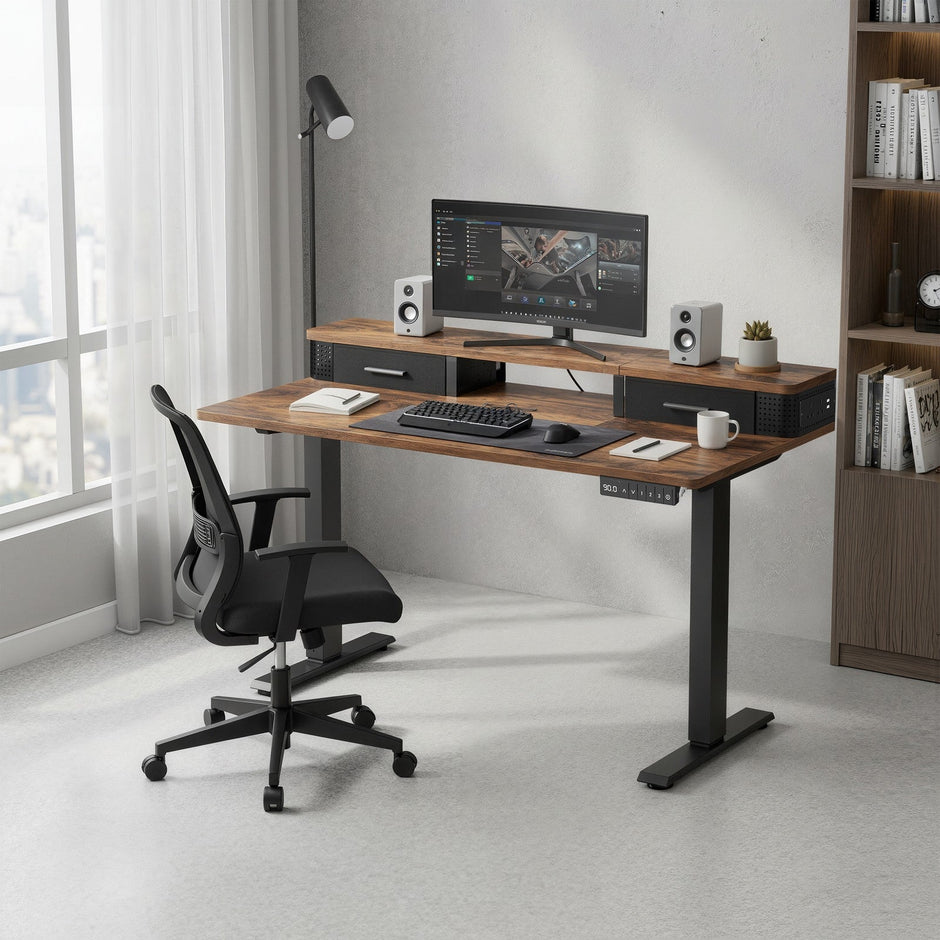 Electric Standing Desk – Engineered Wood – Black – Adjustable Height with Built-In Power Outlet and Memory Function