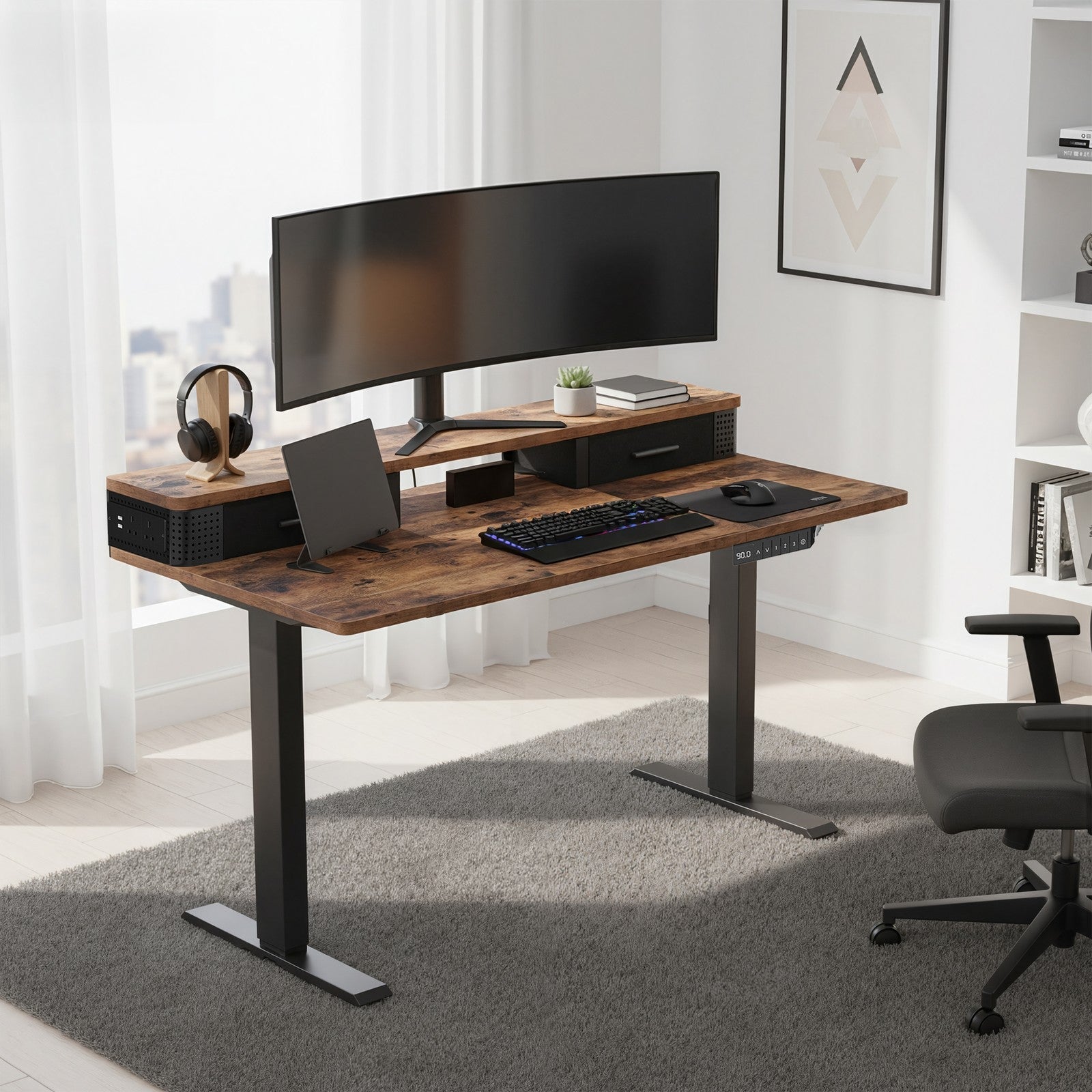 Electric Standing Desk – Engineered Wood – Black – Adjustable Height with Built-In Power Outlet and Memory Function
