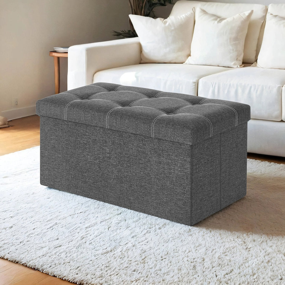Ottoman Storage Bench – Linen-Look Fabric – Dark Grey – 80L Folding Chest with Heavy-Duty Capacity