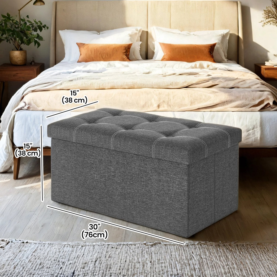 Ottoman Storage Bench – Linen-Look Fabric – Dark Grey – 80L Folding Chest with Heavy-Duty Capacity