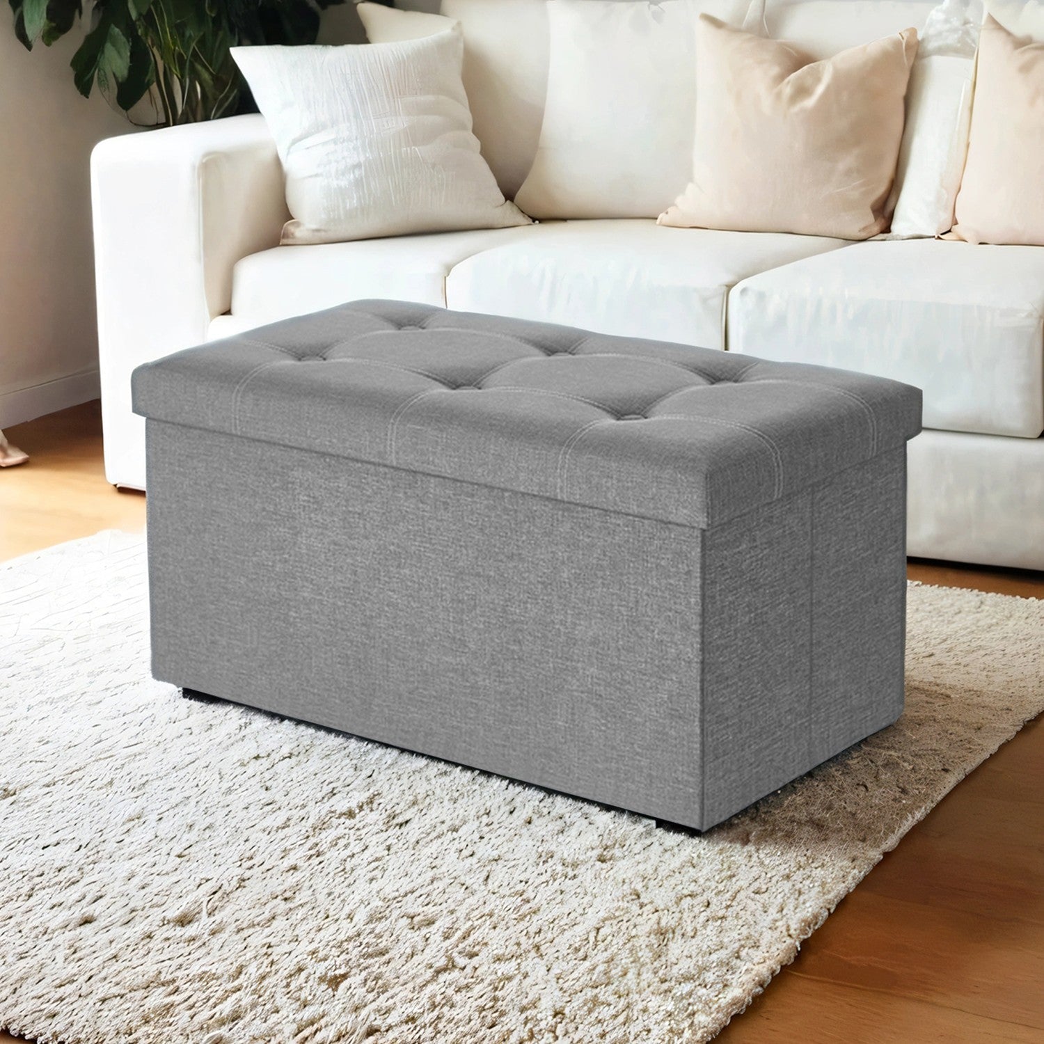 Ottoman Storage Bench – Linen-Look Fabric – Dark Grey – 80L Folding Chest with Heavy-Duty Capacity
