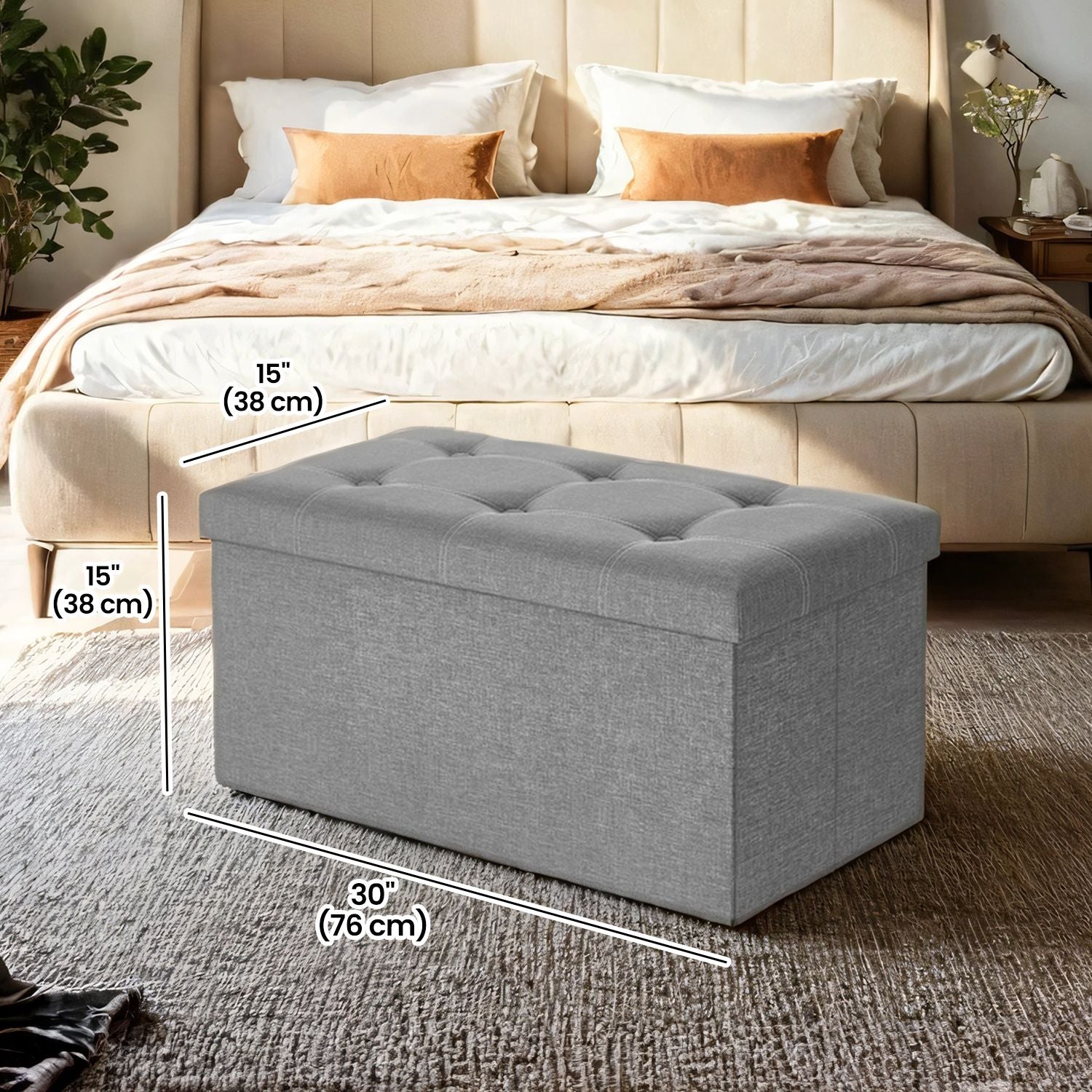 Ottoman Storage Bench – Linen-Look Fabric – Dark Grey – 80L Folding Chest with Heavy-Duty Capacity