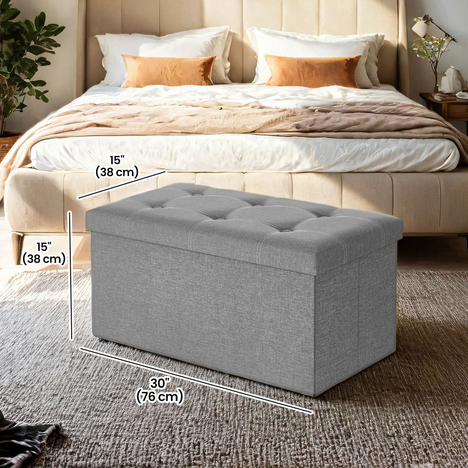 Ottoman Storage Bench – Linen-Look Fabric – Dark Grey – 80L Folding Chest with Heavy-Duty Capacity