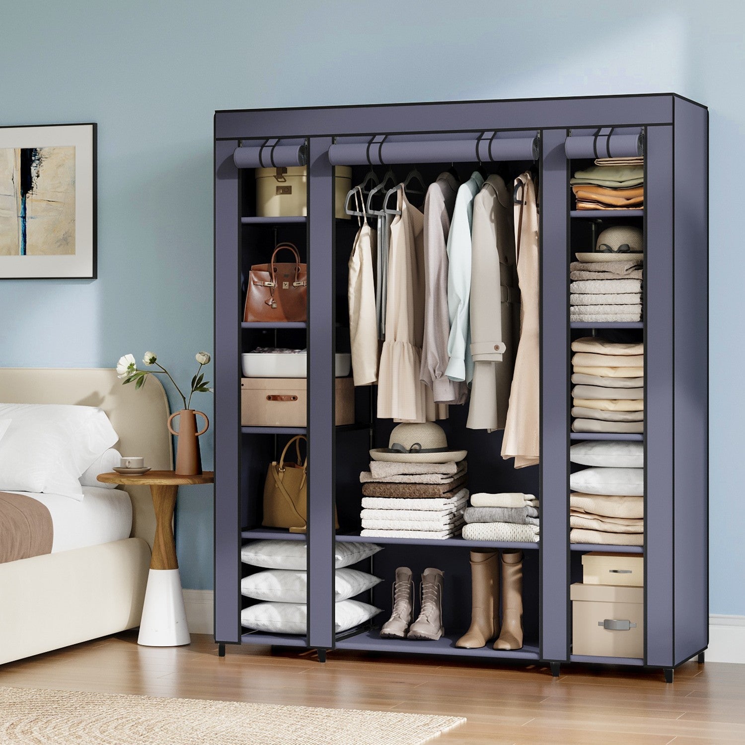 Portable Closet – Fabric – Navy Blue – Clothes Storage Organizer with Rail