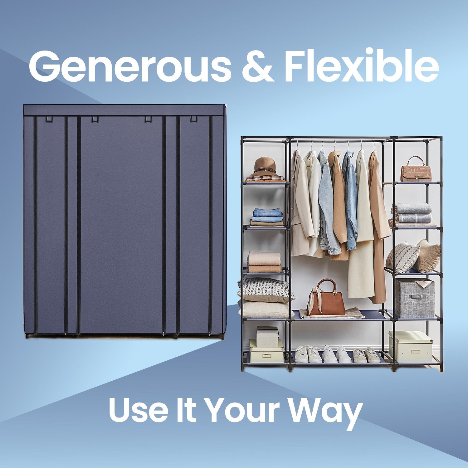 Portable Closet – Fabric – Navy Blue – Clothes Storage Organizer with Rail