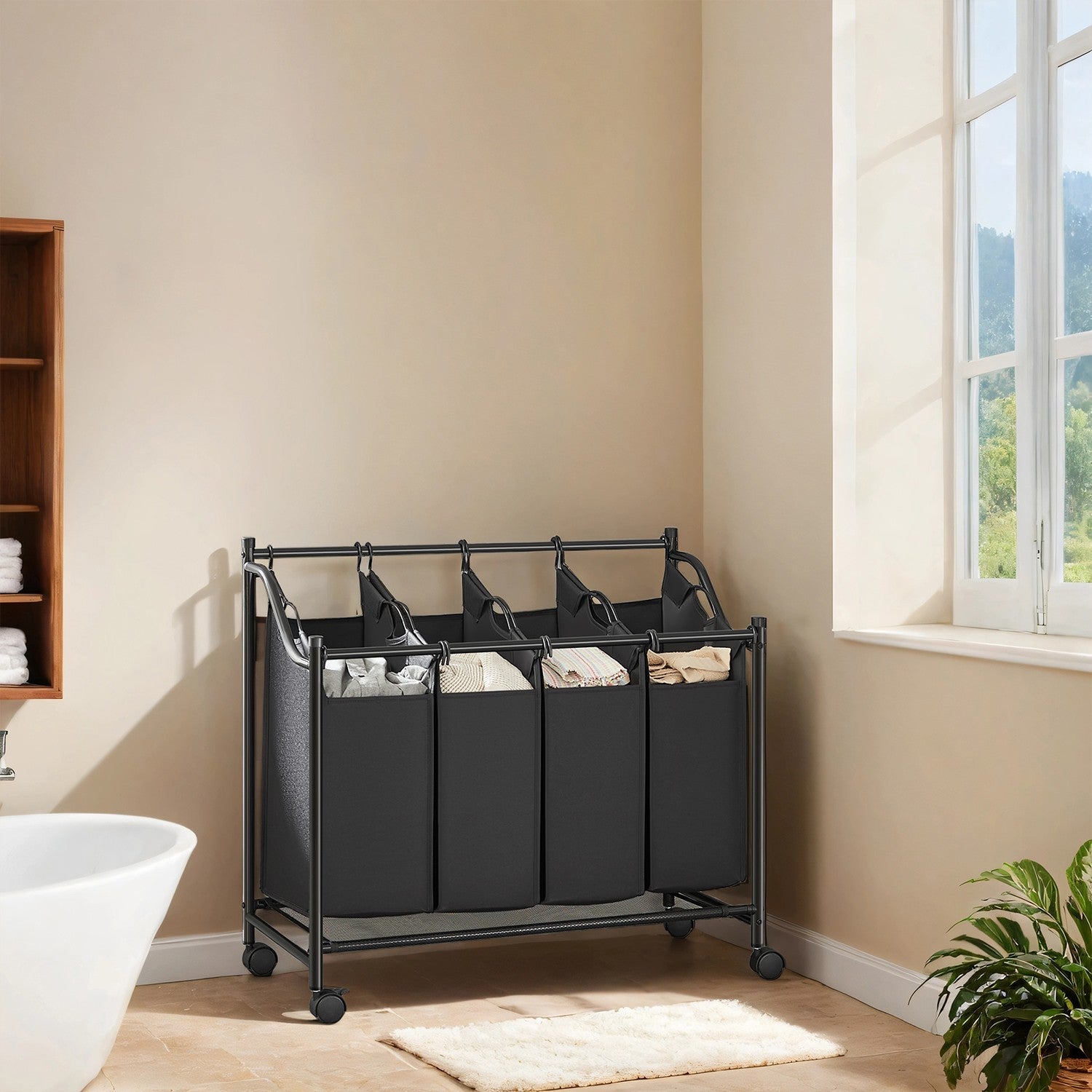 Rolling Laundry Sorter – Fabric – Black – With 4 Removable 35L Bags