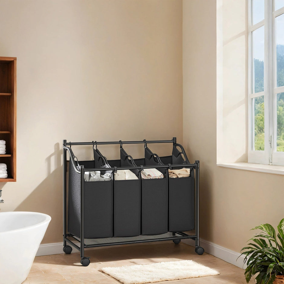 Rolling Laundry Sorter – Fabric – Black – With 4 Removable 35L Bags