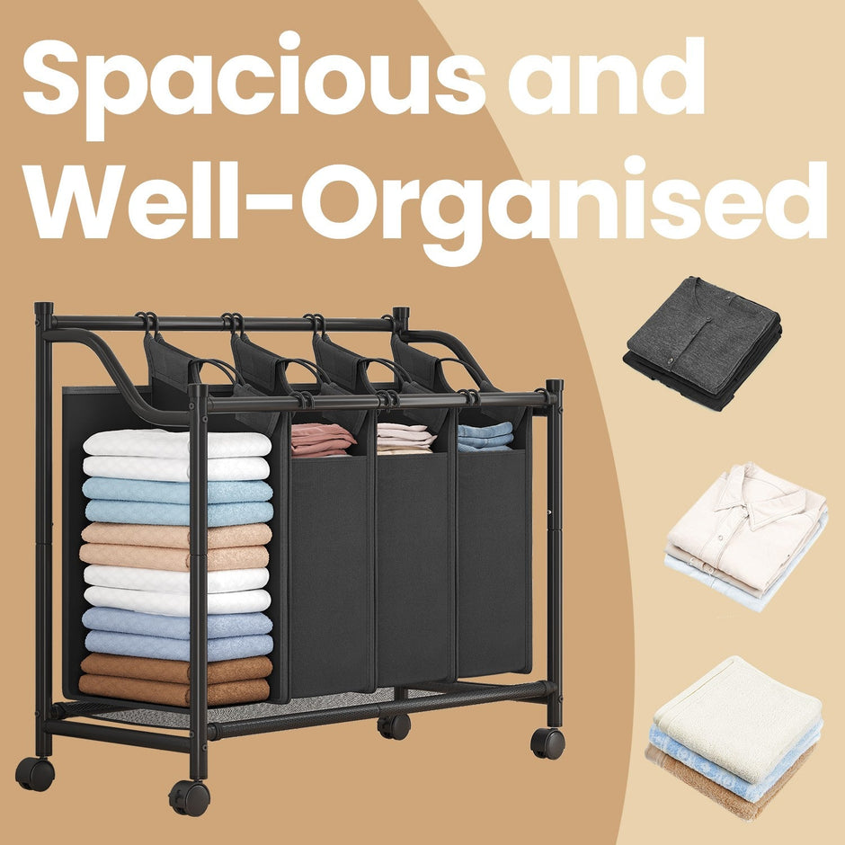 Rolling Laundry Sorter – Fabric – Black – With 4 Removable 35L Bags