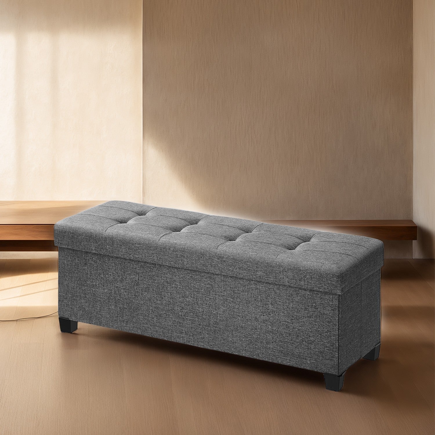 Storage Ottoman Bench – Fabric – Ink Black – Foldable with Storage and Plastic Legs, 38 x 110 x 40 cm