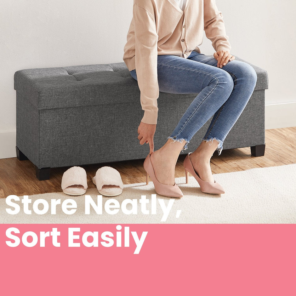 Storage Ottoman Bench – Fabric – Ink Black – Foldable with Storage and Plastic Legs, 38 x 110 x 40 cm