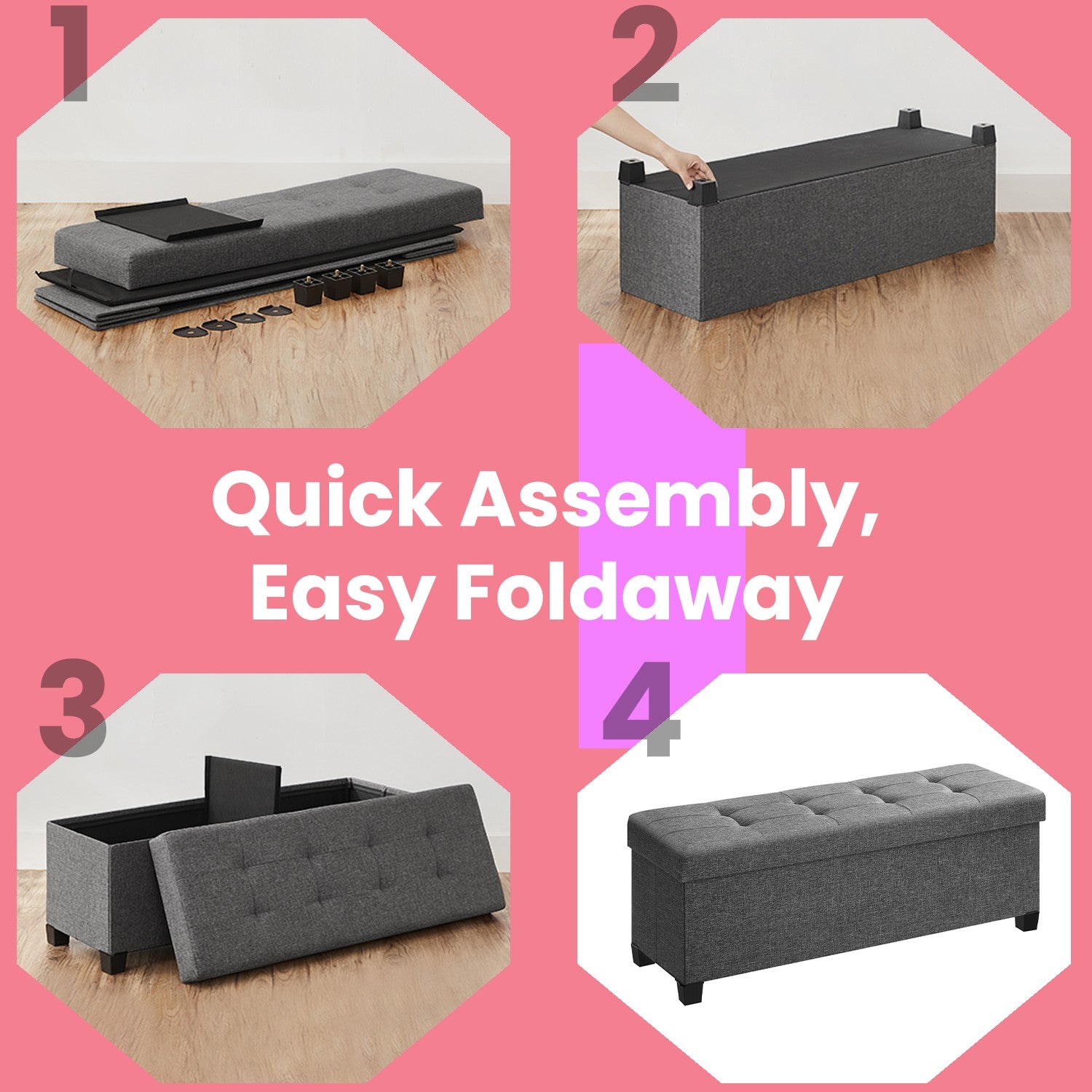 Storage Ottoman Bench – Fabric – Ink Black – Foldable with Storage and Plastic Legs, 38 x 110 x 40 cm