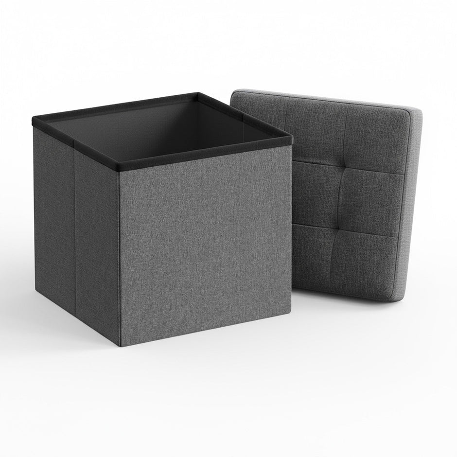 Set of 2 Storage Ottomans – Fabric – Dark Grey – Foldable Foot Rest Stools with Storage
