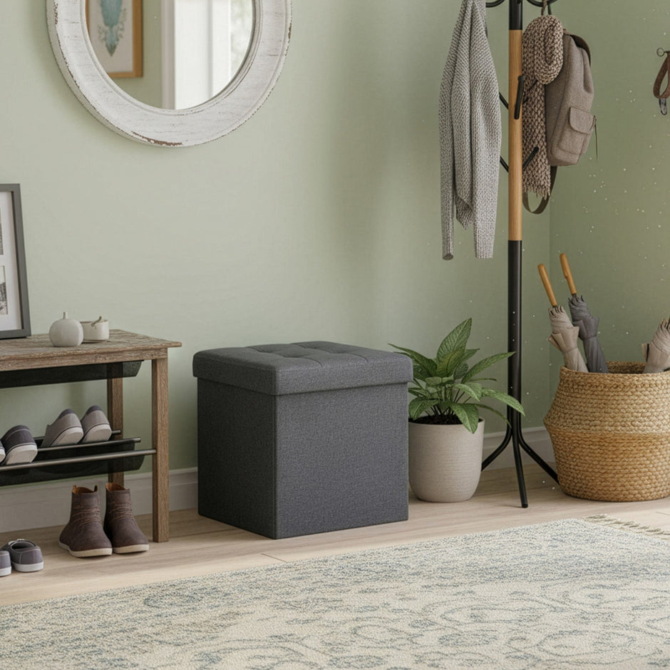 Set of 2 Storage Ottomans – Fabric – Dark Grey – Foldable Foot Rest Stools with Storage