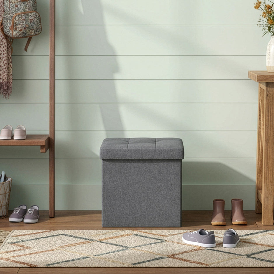 Set of 2 Storage Ottomans – Fabric – Dark Grey – Foldable Foot Rest Stools with Storage