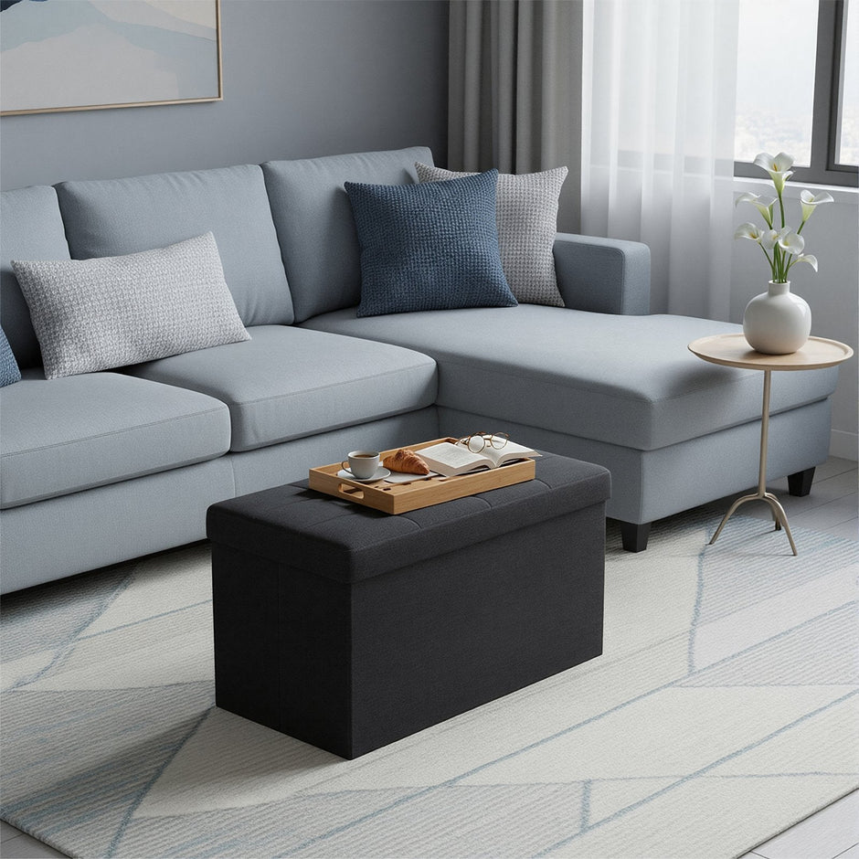 Storage Ottoman Bench – Fabric – Ink Black – Foldable with Storage