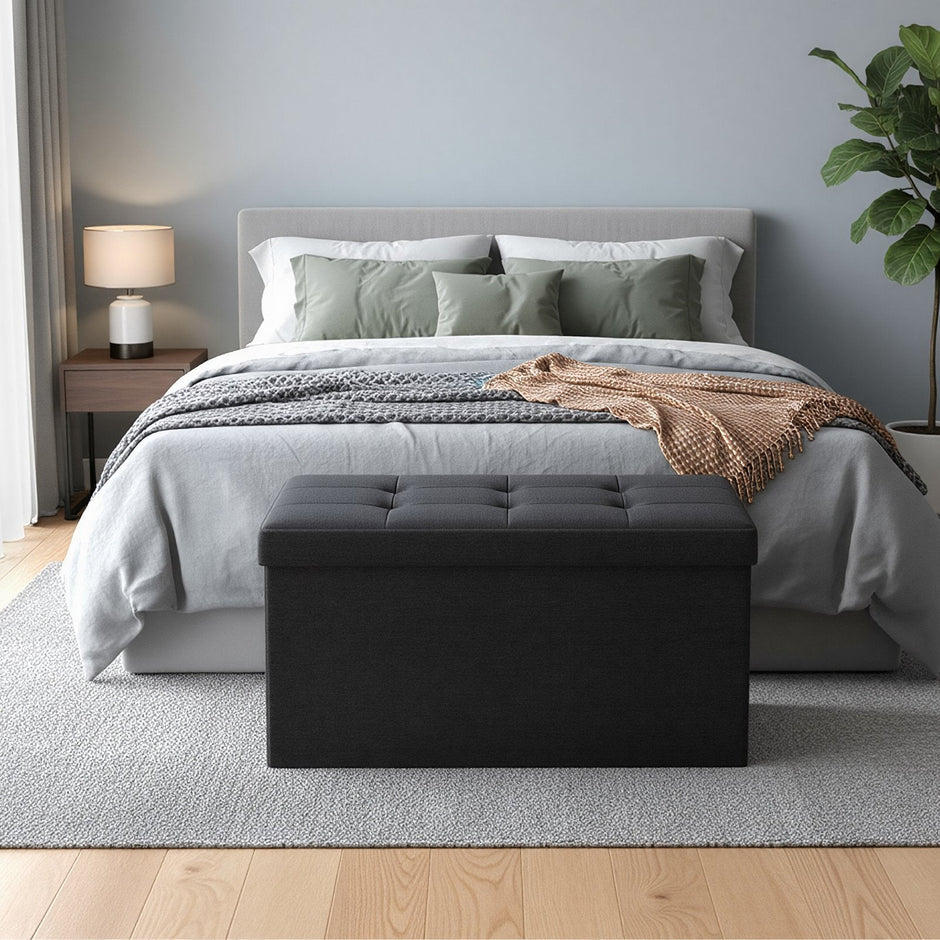 Storage Ottoman Bench – Fabric – Ink Black – Foldable with Storage