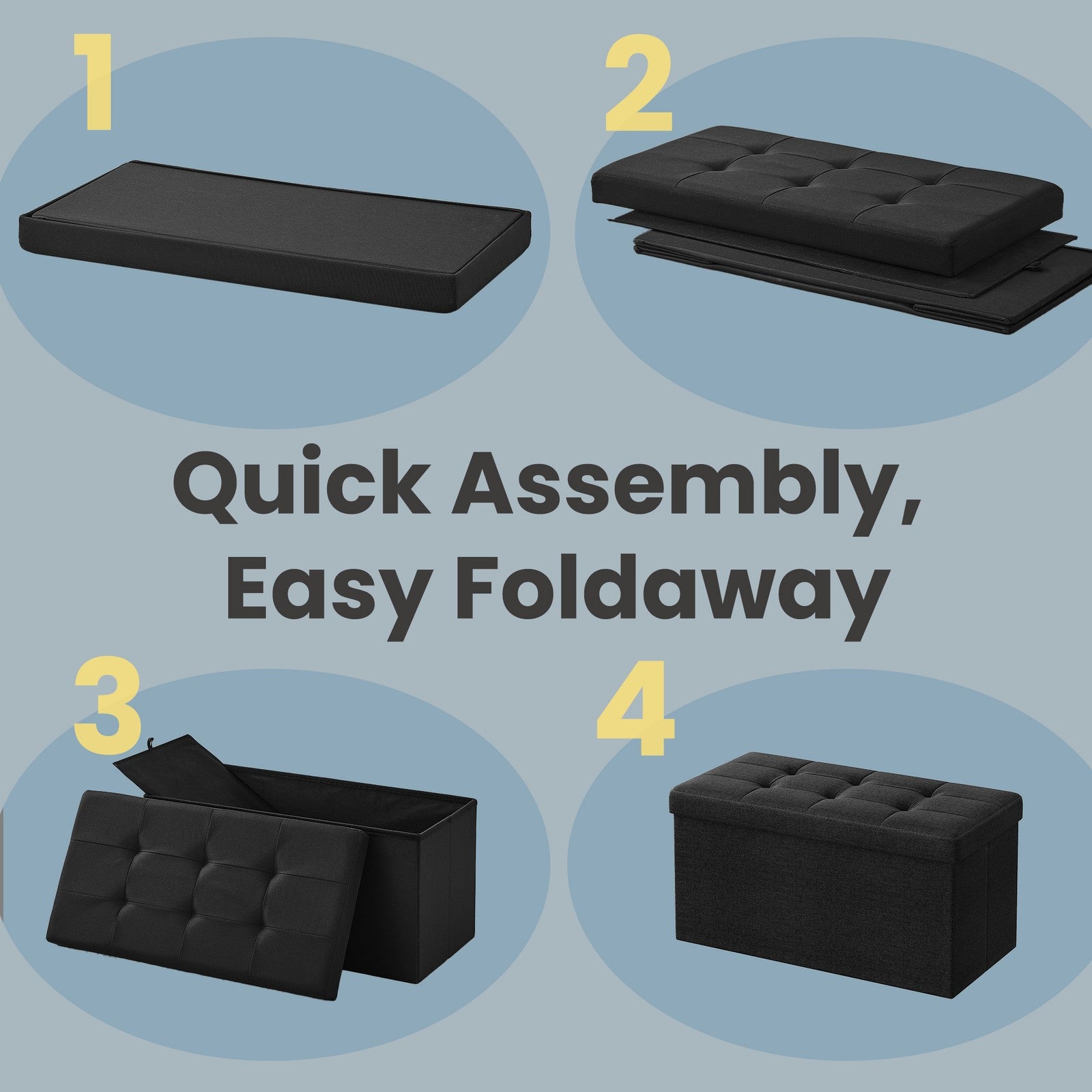 Storage Ottoman Bench – Fabric – Ink Black – Foldable with Storage