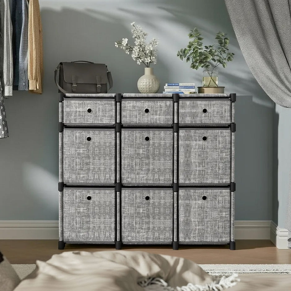 Cube Storage Shelf – Wood – Heather Grey – 9-Drawer Organizer for Living Room and Bedroom