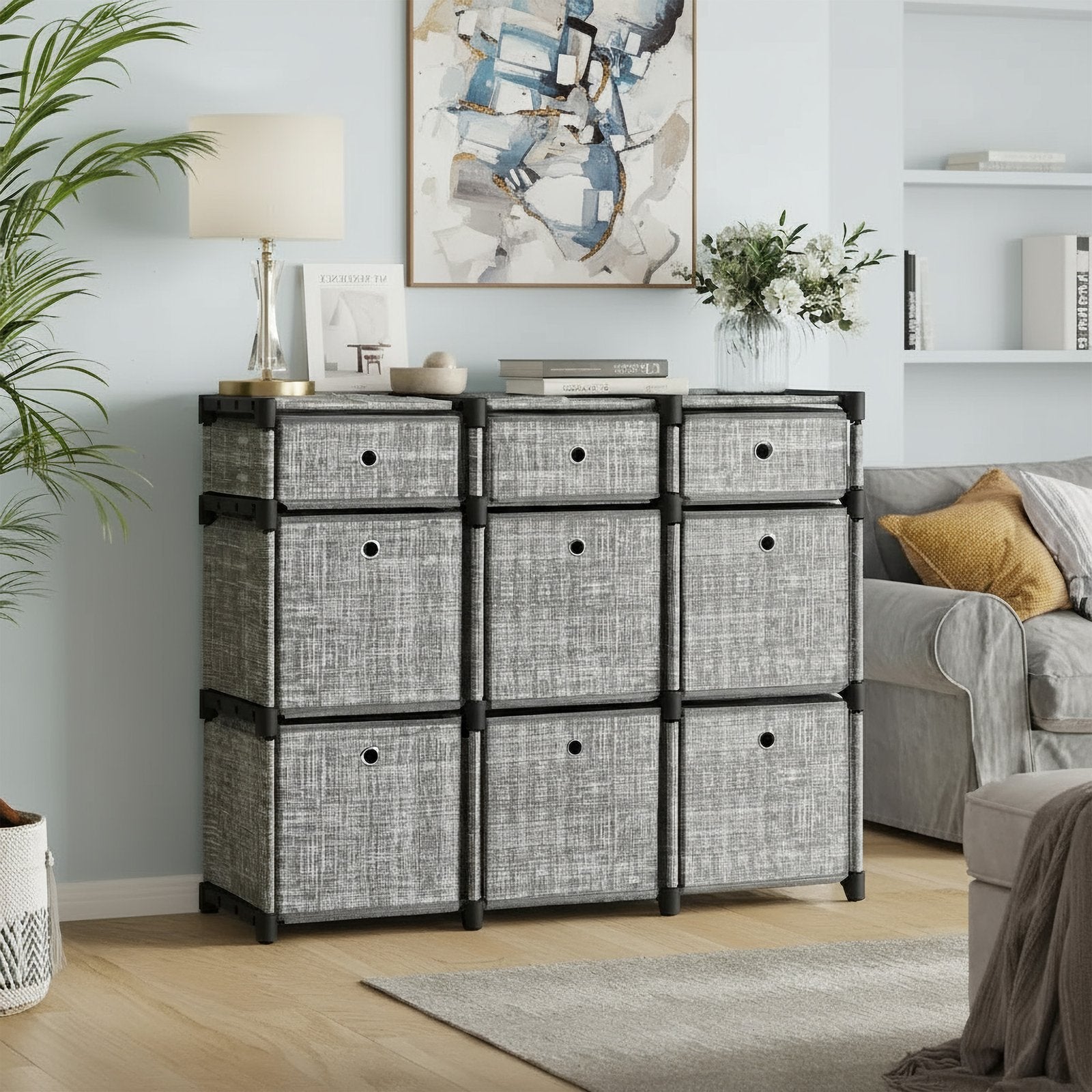 Cube Storage Shelf – Wood – Heather Grey – 9-Drawer Organizer for Living Room and Bedroom