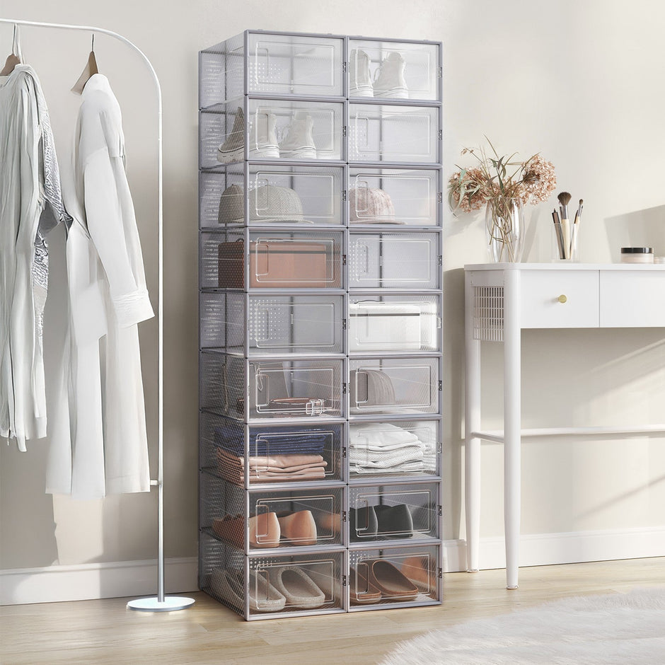 Shoe Storage Organizers – Transparent and White – Pack of 12 – Stackable Design – Suitable for UK Size 11