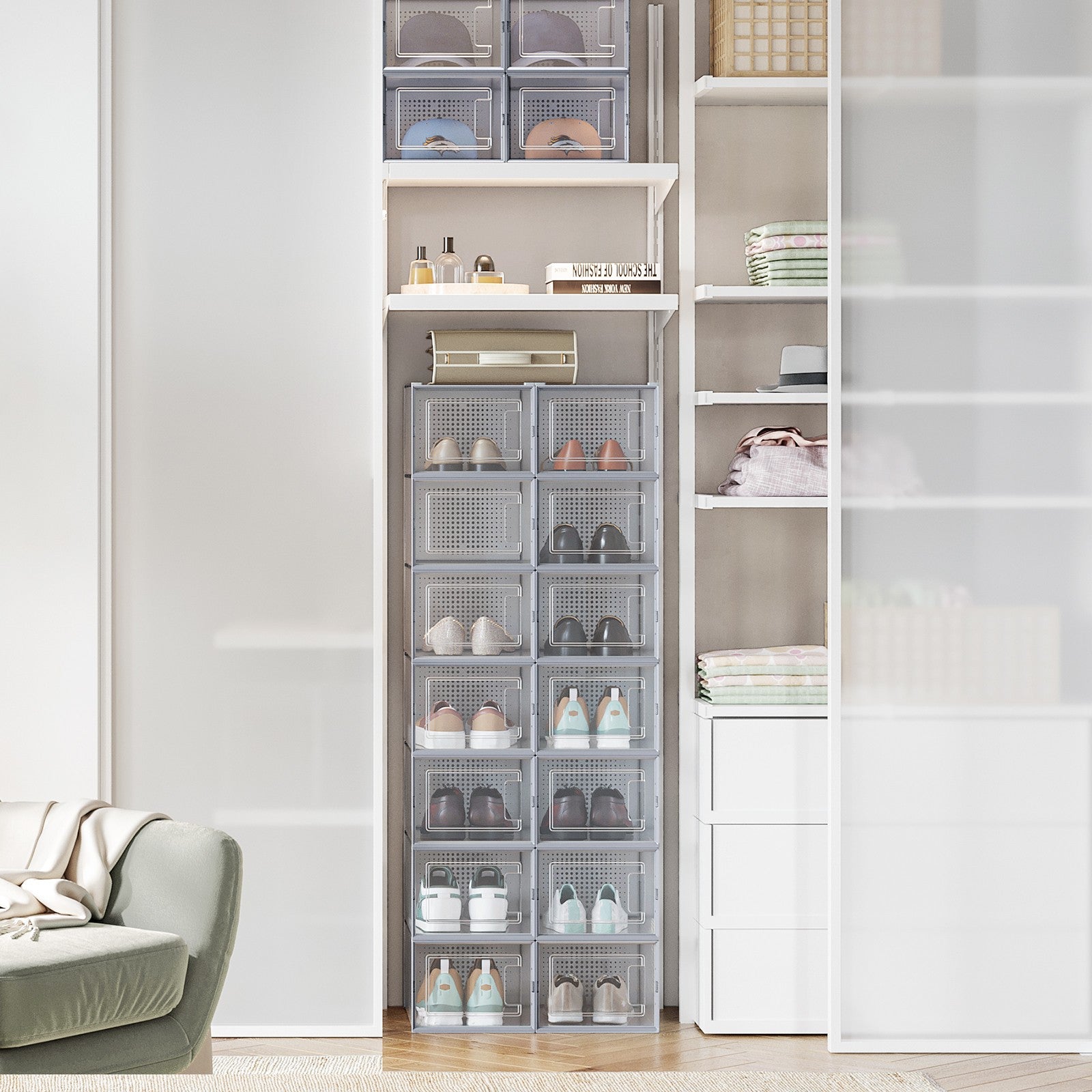 Shoe Storage Organizers – Transparent and White – Pack of 12 – Stackable Design – Suitable for UK Size 11