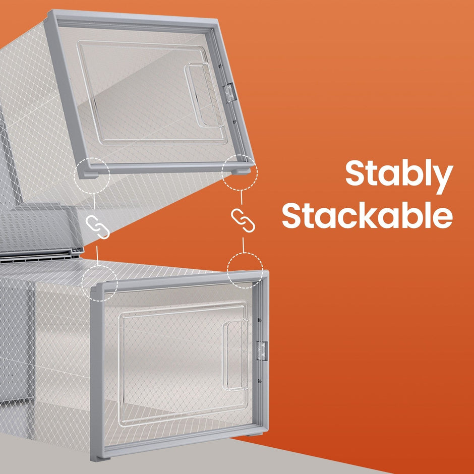 Shoe Storage Organizers – Plastic – Transparent and White – Set of 18 Stackable and Foldable Boxes